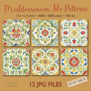Puede incluir: Seis patrones de baldosas cuadradas de acuarela con diseños florales en rojo, amarillo, azul y verde. El texto "Mediterranean Tile Patterns" está en la parte superior, con "12 x 12 inches" y otros detalles. La parte inferior dice "12 JPG FILES" y "INSTANT DOWNLOAD".