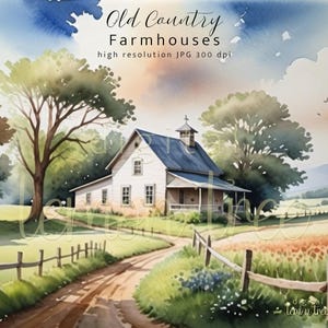 Aquarelles fermes du vieux pays, clipart ferme, usage commercial gratuit, 12 fichiers JPG de haute qualité en téléchargement numérique