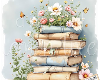 Clipart de libros y flores en acuarela: estilo rústico (descarga digital)
