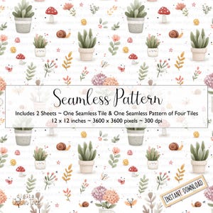 May include: A seamless pattern design featuring watercolor illustrations of potted succulents, mushrooms, snails, flowers, and butterflies on a white background. The design includes the text "Seamless Pattern" and "Instant Download". The pattern is 12 x 12 inches.