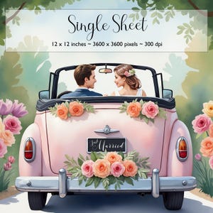 Braut und Bräutigam, gerade verheiratet Hochzeitsauto, freie kommerzielle Nutzung, 2 hochwertige JPG Digital Download