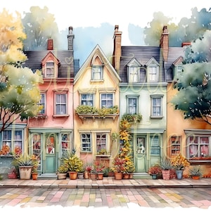 Aquarel herenhuizen, gratis commercieel gebruik, 8 hoge kwaliteit digitale download herenhuizen clipart