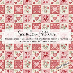 Könnte beinhalten: Ein nahtloses Muster mit einem sich wiederholenden Raster aus roten und cremefarbenen Quadraten. Jedes Quadrat enthält Herzen, Rosen und florale Elemente. Der Text "Seamless Pattern" wird angezeigt. Das Muster ist 30.48 x 30.48 cm groß.