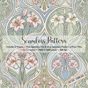 May include: Seamless floral pattern with stylized lilies and foliage in pastel shades. The design includes two sheets, one seamless tile and one pattern of four tiles, each 30.48 x 30.48 cm. The image is 3600 x 3600 pixels at 300 dpi.