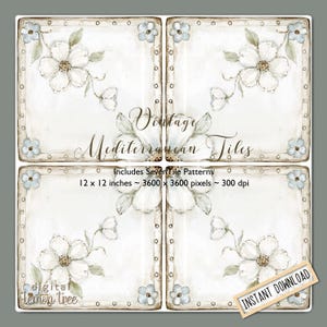Può includere: Un grafico digitale che mostra quattro piastrelle quadrate con sfondo bianco, bordi marroni e illustrazioni floreali azzurre. Il testo recita: Vintage Mediterranean Tiles, Includes Seven Tile Patterns, 30,48 x 30,48 cm, 3600 x 3600 pixel, 300 dpi, digital lemon tree e INSTANT DOWNLOAD.