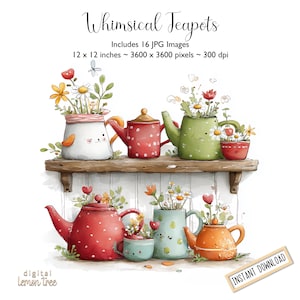 Puede incluir: Ilustración en acuarela de teteras caprichosas con flores. La imagen presenta una estantería de madera con varias teteras de varios colores, incluyendo rojo, verde y naranja. Las teteras están decoradas con lunares y detalles florales. El texto "Whimsical Teapots" está incluido.