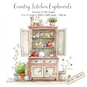 Könnte beinhalten: Aquarell-Illustration eines rosafarbenen Küchenschranks im Landhausstil, gefüllt mit Gläsern, Teekannen und Utensilien. Das Bild enthält den Text "Country Kitchen Cupboards" und "Includes 21 JPG Images, 30.5 x 30.5 cm". Digitaler Download verfügbar.