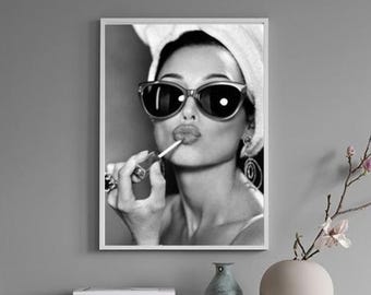 Vintage Fashion Photo | Audrey Hepburn  | Black and White | Bedroom Wall Art | Dressing Room | Bathroom | Luxury Fashion | Modern Home Décor