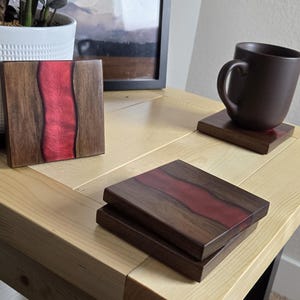 Set of 4 Epoxy River Coasters / Drink Coasters / Beverage Coasters/ Walnut Coasters / Red Coasters/ Blue Coasters
