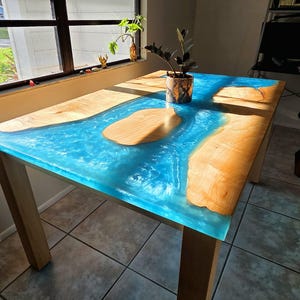 Ocean Epoxy Dining Table, Solid Hard Maple Dining Table, Coastal Furniture, Handmade Live Edge Table, Blue Resin Table, 60x36