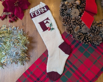 Personalized Christmas Stocking Knitting Pattern PDF - Custom Monogram with Holly