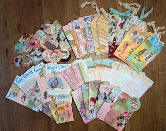 Junk Journal Ephemera Bundle, Mixed Media Kit, Embellished Elements, Tags, Cards, Dyed Paper