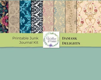 Damask Junk Journal Kit – Printable Ephemera, Tags, Pockets, Journal Pages