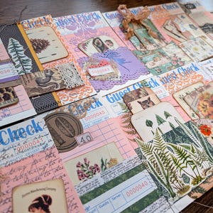 May include: A collection of vintage-style guest check ephemera featuring layered paper collages, botanical illustrations of ferns and flowers, squirrel imagery, lace accents, and handwritten script text, all arranged in a decorative grid pattern.