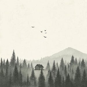 Scandinavian Minimalist Wall Art - Nordic Pine Forest with Cabin