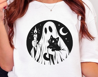 Camiseta de Halloween: Fantasma sosteniendo un gato / Regalo espeluznante