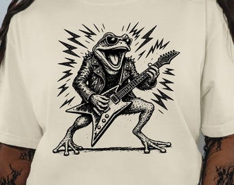 Frog Playing Guitar Shirt, Rock and Roll Frog Tee, Funny Animal Music Shirt, Vintage Band Tee, Comfort Colors T-Shirt
