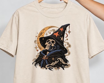 Camiseta de mago esqueleto / Luna celestial, estrellas, camiseta de fantasía gótica