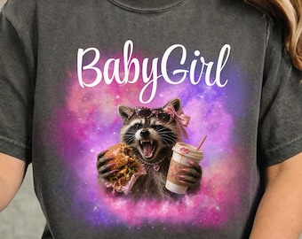 Camiseta de mapache para niña – Camiseta gráfica de hamburguesa de café con mapache de Trash Panda