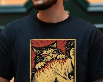 Japanese Horror Cat Bite T-Shirt, Retro Anime Graphic Tee, Creepy Cat Lover, Cat Dad Shirt