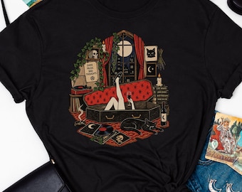 Camiseta Chica Bruja - Camiseta relajante estilo disco de vinilo gótico, acogedora noche, estilo Dark Academia.