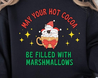 Sudadera navideña con gatos, chocolate caliente y malvaviscos, camiseta navideña con gatos, camiseta navideña para amantes de los gatos, regalo divertido de Navidad.