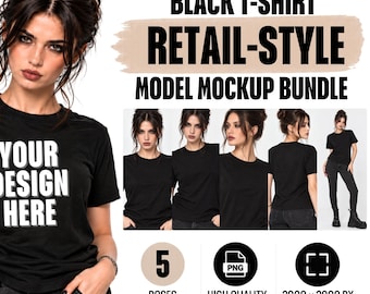 Paquete de maquetas de camisetas negras, 5 poses de modelos estilo tienda (descarga digital)
