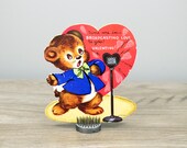 Vintage Valentine Card Singing Bear Heart Microphone Red Flocking Silver Glitter Tune Me In Broadcasting Love Valentine 39 s Day Ephemera