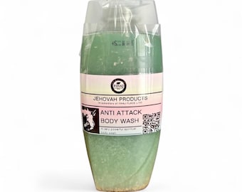 May include: A clear plastic bottle of "Anti Attack Body Wash" with a green and pink label. The label includes the text "Jehovah Products" and a QR code. The body wash appears to be a light green color.