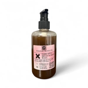 May include: A clear plastic bottle of dark brown body wash with a black pump dispenser. The label reads "JEHOVAH PRODUCTS DARK SPELL BREAKER BODY WASH". The label also includes usage instructions and contact information.