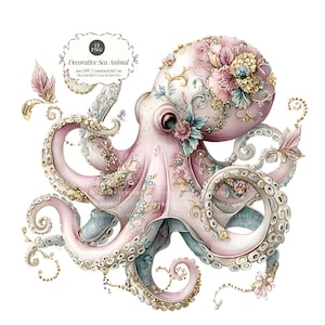 Pode incluir: Ilustração decorativa de um polvo rosa com enfeites florais e dourados. O polvo tem tentáculos detalhados e é adornado com flores e desenhos ornamentados. Inclui o texto "Decorative Sea Animal".