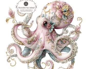 Clipart di animali marini in formato PNG, pacchetto di polpi, granchi, balene e delfini con motivi floreali, arte costiera per sublimazione (12 download digitali)