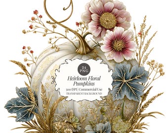 May include: A white pumpkin illustration featuring gold filigree patterns, topped with pink flowers and a golden vine. A central white label displays the text 24 PNG, Heirloom Floral Pumpkins, 300 DPI Commercial Use, Transparent Background.