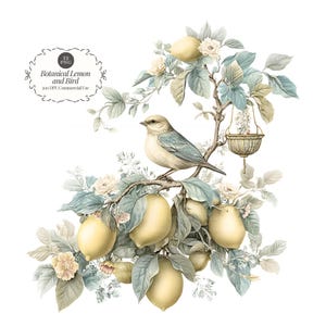 May include: Watercolor illustration of a lemon tree with ripe yellow lemons, pale green leaves, and delicate white flowers. A small bird with blue and beige feathers perches on a branch. The image includes the text "Botanical Lemon and Bird".