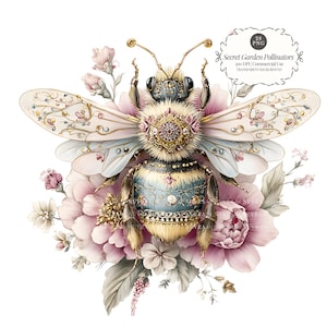 May include: A detailed illustration of a bee adorned with ornate jewelry and delicate wings, surrounded by pink and white flowers. The bee's body is a mix of gold, blue, and cream colors. The image includes the text "Secret Garden Pollinators".