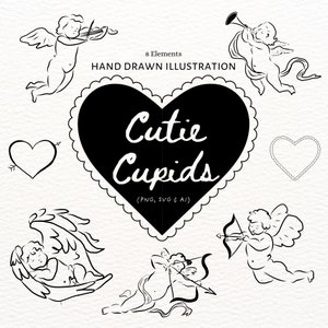 Pacote de Clip Art Caprichoso de Cupidos Cutie, 8 Ícones de Querubim e Coração Desenhados à Mão, Arquivos SVG PNG AI, Clipart de Ilustração para Convites de Casamento