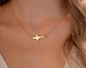 Cross Necklace with Engraved Name, Personalized Christian Jewelry for Woman, Custom Baptism Gift, Confirmation, Dainty Mother's Day Gifts