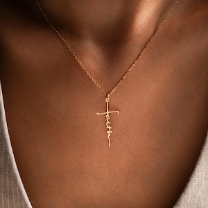 Dainty Faith Cross Necklace,Personalized Gold Silver Baptism Gift,Religious Pendant, Custom Minimalist Christian Jewelry for Her,Anniversary