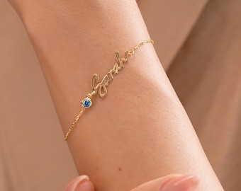 Name Bracelet with Birthstone, First Time Mom Jewelry Gift, Personalized Gold, Silver Chain, Tiny Gemstone, Gifts for Her, Mother's Day