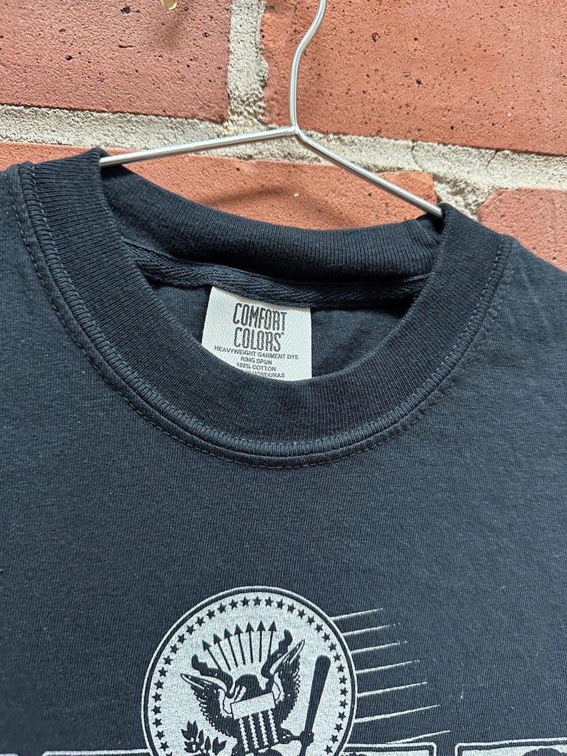 May include: A black Comfort Colors t-shirt with a crew neck. The shirt features a white graphic of a shield with an eagle, stars, and a baseball bat. The shirt is hanging on a metal hanger against a brick wall.