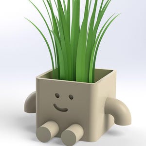 Puede incluir: Una maceta cuadrada beige caprichosa con una cara sonriente, brazos y piernas, que contiene hierba verde vibrante. El diseño de dibujos animados añade un toque lúdico a este artículo de decoración del hogar único.
