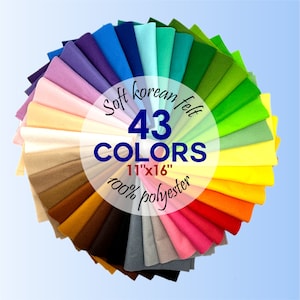 May include: A fan of 43 different colors of soft Korean felt, each sheet measuring 11 inches by 16 inches. The felt is 100% polyester.