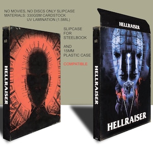 May include: Two Hellraiser slipcases are displayed. The left case features a red and black design with a central figure and the title "HELLRAISER." The right case has a blue and black image of a face and the title "HELLRAISER." Text on the cases indicates they are compatible with steelbooks and plastic cases.