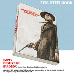 May include: An empty protective hardbox for a Steelbook case. The box features the movie title "High Plains Drifter" with Clint Eastwood. The box is white with red and black text. The image on the box is a western-themed illustration.