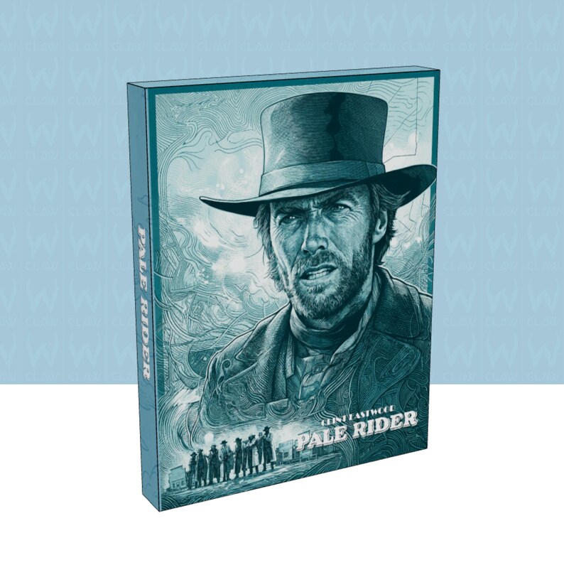 May include: A teal DVD case with a portrait of Clint Eastwood in a cowboy hat. The title "Pale Rider" is in white text, with the actor's name below. The artwork has a detailed, illustrated style, with a western theme.