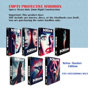 Puede incluir: Cajas protectoras para Steelbooks, con la palabra "SCREAM" en el lomo. La imagen muestra siete cajas diferentes con varias portadas de la franquicia de películas "Scream". El texto "Retro-Slasher Edition" también es visible.