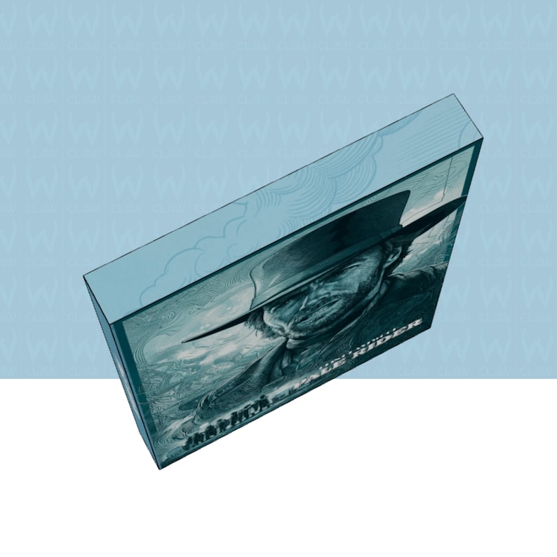 May include: A light blue box with a black and white portrait of a man in a hat. The box has the words "Pale Rider" and other text. The box is angled, showing the top and side.