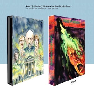 May include: A 2mm (0.08 inches) thick hardbox for a steelbook featuring Prince of Darkness artwork. The box displays a watercolor-style illustration of characters and a building on one side, and a green liquid-covered face on the other.