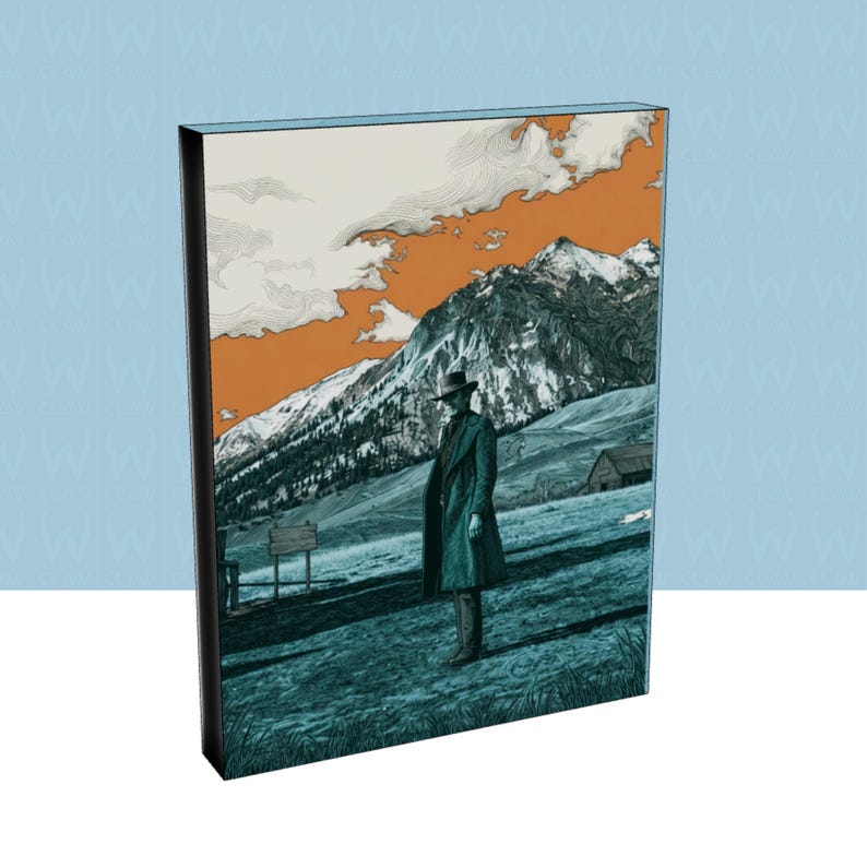 May include: A framed art print depicting a man in a long coat and hat in a mountain scene. The artwork uses teal, orange, and white tones, with a vintage style. The print is set against a light blue backdrop.