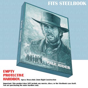 May include: A teal protective hardbox for a steelbook, with the film title "Pale Rider" and Clint Eastwood's image. The text "FITS STEELBOOK" is at the top. The box is made of heavy-duty 2mm rigid construction. The box is designed to fit a steelbook case.
